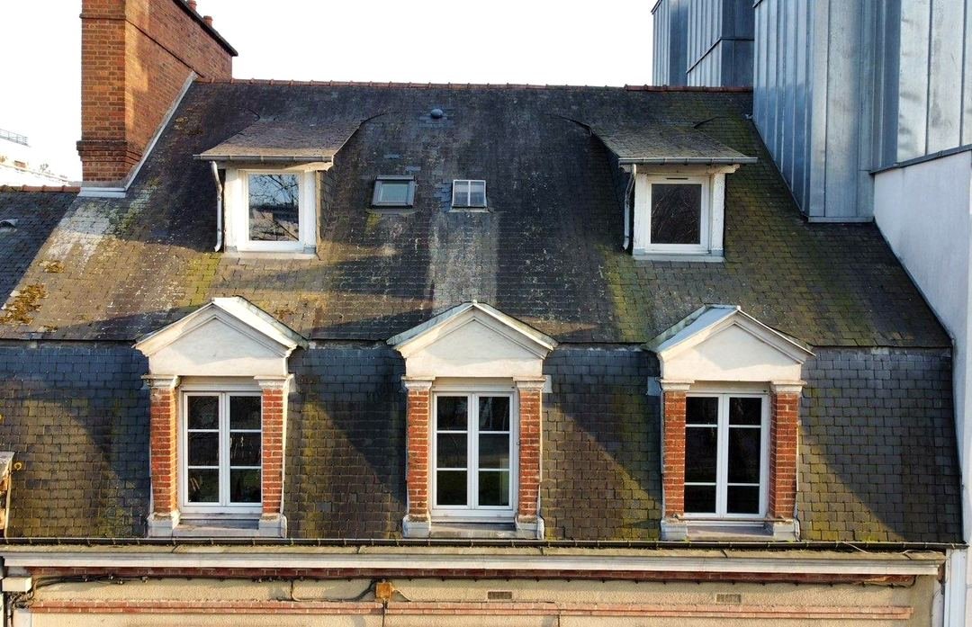 Avant travaux — Démoussage de toiture — immeuble de ville à trois lucarnes, chantier STROPPE en Ille-et-Vilaine